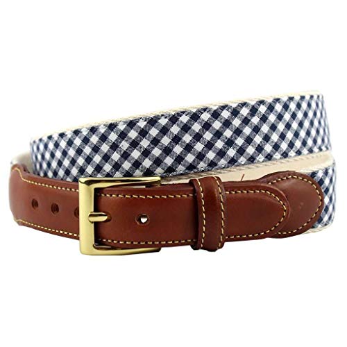 COUNTRY CLUB PREP Gingham Leather Tab Belt in Navy on Natural Canvas