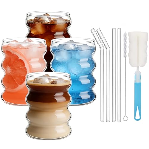 unbholkk 4er Set 350 ML Bubble Gläser Gläser Gerippte Trinkgläser mit Glasstrohhalmen Wave Gläser Wassergläser Matcha Gläser für Gastronomie Wasser Saft Bier (Paket1)