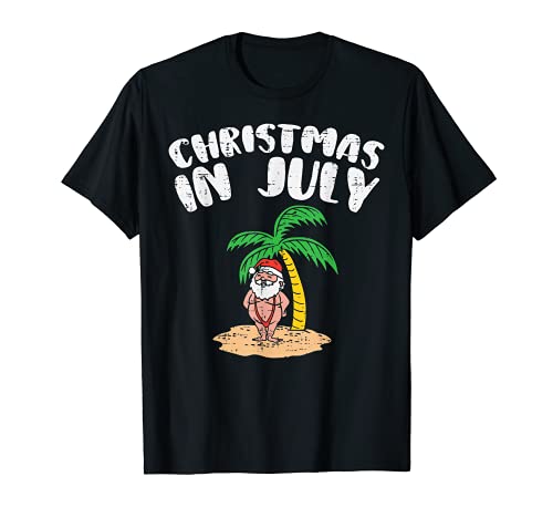 Christmas In July Santa Palm Tree Beach Summer Tropical Xmas Maglietta