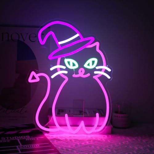 Image of Pink Cat with Witch Hat Neon Sign Halloween LED Light for Room Party Decor | Dimmable Animal Neon Light for Bedroom, Witch Cat Light Up Sign, Acrylic LED Signs for Wall Bar, USB Powered, Halloween Gifts
