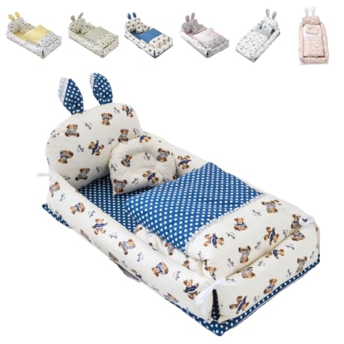 ShineLuxeベビーベッド 新生児 添い寝 枕付き ベッドインベッド 簡易ベッド 持ち運び 携帯型ベビーベッド ウサギの耳の形 かわいい ベビー布団 通気性 取り外し 洗える可能 0-8ヶ月 出産祝い (85*50*12CM,水玉クマ【4点セット】)