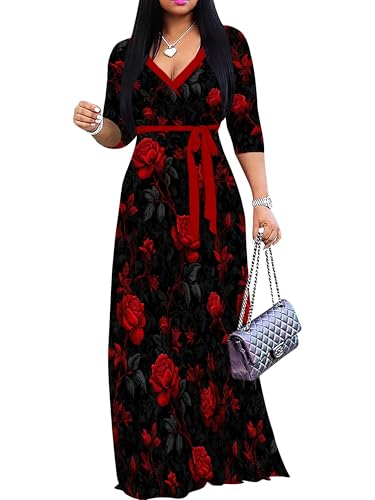 Image of PinkPatty Women's Long Sleeve Maxi Dress Plus Size Trendy Wedding Guest Dress with Pockets&Belt