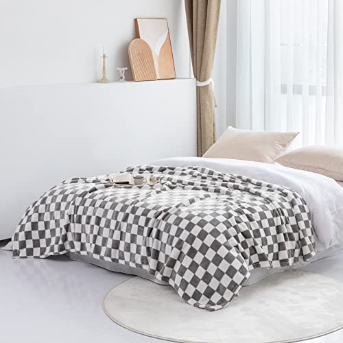 LOMAO Throw Blankets Flannel Blanket with Checkerboard Grid Pattern Soft Throw Blanket for Couch, Bed, Sofa Luxurious Warm and Cozy for All Seasons (Grey, 50"x60")