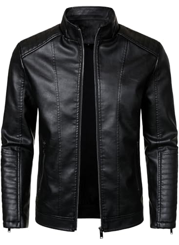 HOOD CREW Mens Stand Collar Leather Jacket Motorcycle Jackets Faux Leather Biker Coats Lightweight Outwear Black XL