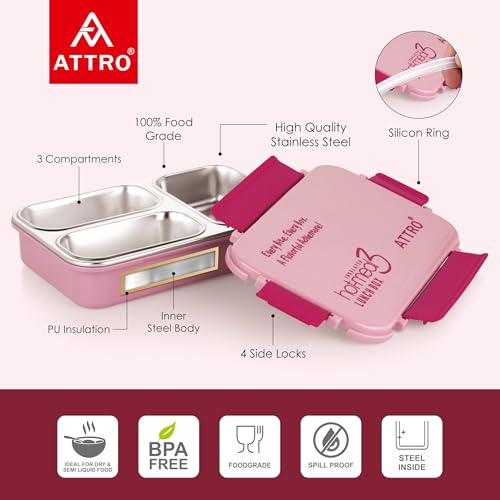Image of ATTRO Hot-Meal 3 Insulated Lunch Box with 3 Compartment, Inner Stainless Steel & Locking Lid BPA-Free Food Grade Ideal for School, Office - 900ml Peach