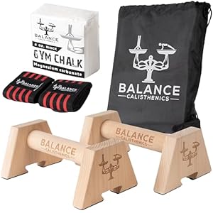 Wooden Parallettes Push Up Bars Bundle With Bag, Gym Chalk , Wristwraps, Paralettes, Strap | Dip Bar Handles 2pcs Paralette Handstand Non-Slip Base Exercise Handle For Floor Home Workout Equipment Parallel Handstand Dips Ergonomical Perfect Pushup