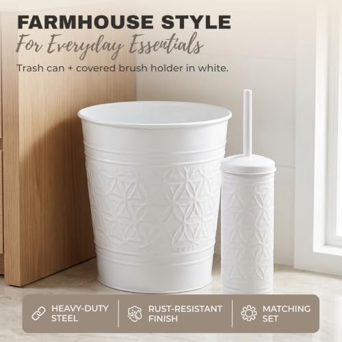 Image of Autumn Alley White Farmhouse Bathroom Trash Can and Toilet Bowl Brush with Holder - White Bathroom Accessories Set for Charming Bathroom Decor