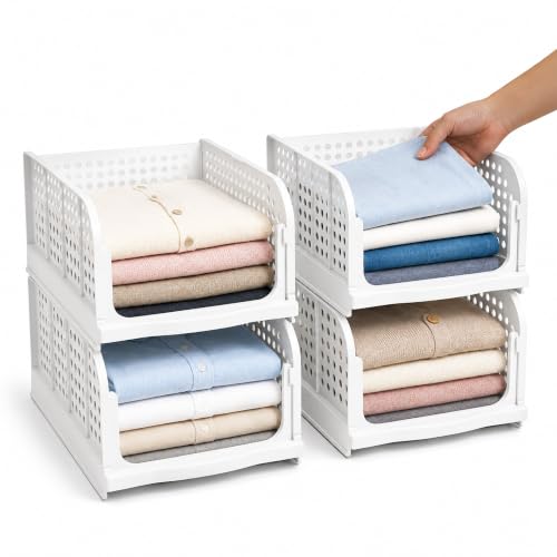 Image of CLAPONE Set of 4 Large Foldable Cloth Storage Organizer /Stackable Wardrobe Organizer for Clothes /Multipurpose Sliding Basket /Rack Organiser for Storage /Shirt Stacker Box (44 x 33 x 18.5 cm, White)