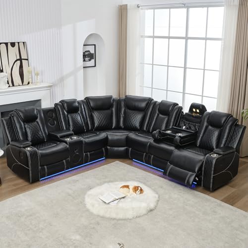 Image of Power Recliner Sectional Sofa for Living Room, Faux Leather Electric Sofa Couches with Bass Speaker, LED Light, USB, Type-C, Wireless Charging, Storage Console, Cup Holder, Reading Light, Black
