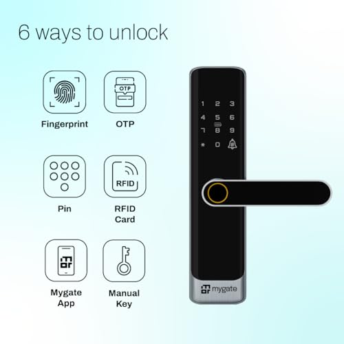 Image of Mygate Smart Door Lock SE with 6 Unlock Methods | Fingerprint, OTP, PIN, RFID Card, Key & Mobile App Access | Unauthorized Freeze & Pin Decoy | Remote Unlocking via OTP| 3-Year Warranty by Mygate
