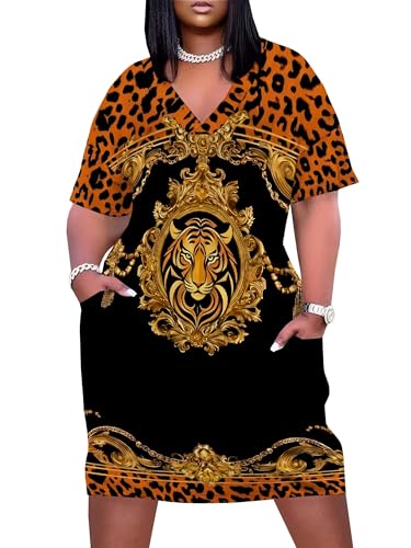 EQQZD Women's Plus Size Tiger Print Midi Dress V Neck