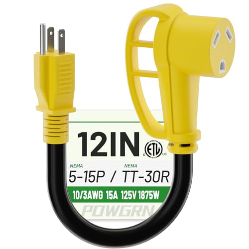 POWGRN RV 30 Amp to 110 Adapter 12 inch, Heavy Duty 10/3 Gauge RV Electrical Adapter, NEMA 5-15P Male to NEMA TT-30R Female, STW 10AWG 15A 125V 1875W, Black-Yellow, ETL Listed