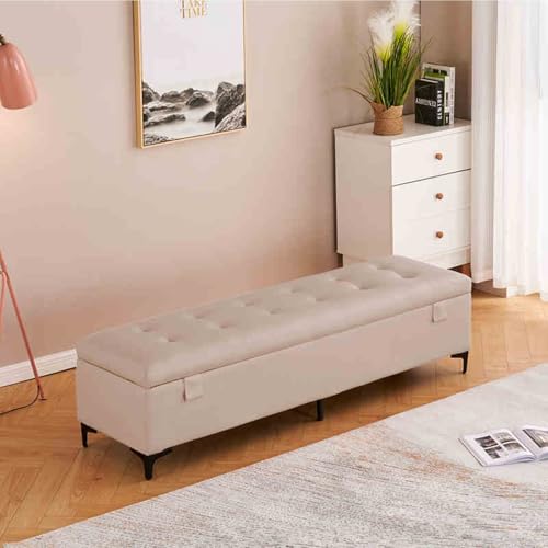 Banc de rangement pour entrée encombrée : l'ottoman moderne en cuir blanc cassé 100cm - 2