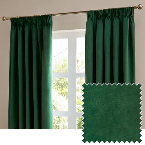 furn. The Ultimate Velvet Blackout Pencil Pleat Curtain Pair – Soft Stylish Light Blocking Thermal Matte Velvet Drapes (Emerald - 229x229cm)