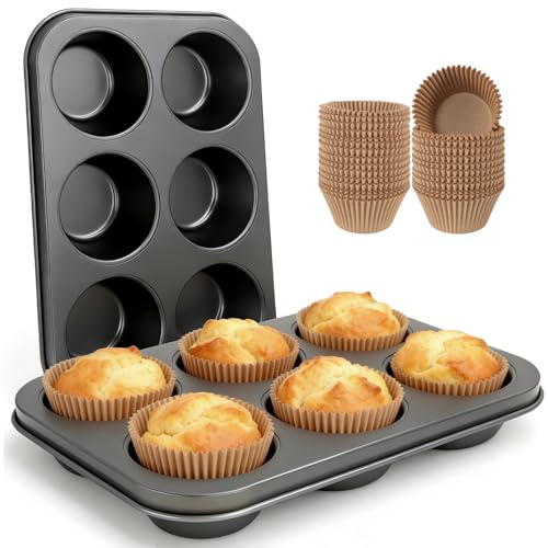 Artcochan 2 Pack Muffin Pan Set,6 Cup Extra Large Nonstick Carbon Steel Cupcake Pan with 50 Liners,Jumbo Muffin Tin for Cupcakes and Baking Supplies