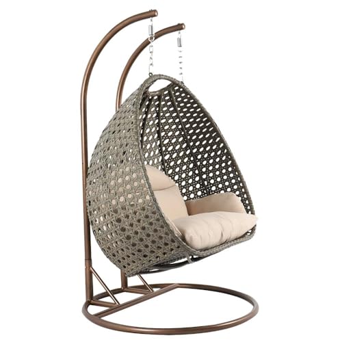 Image of Double Seater Hammock Swing Chair with Stand & Cushion | Heavy Duty Powder Coated Steel Frame | Outdoor Indoor Hanging Swing for Patio Balcony Garden Terrace Living Room (Golden-BEDGE)