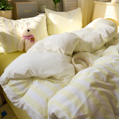 Image of EAVD Retro Yellow Striped Duvet Cover Full Soft Washed Microfiber Boho Yellow and White Vertical Striped Bedding Set with 2 Pillowcases Farmhouse Reversible Geometric Comforter Cover with Zipper