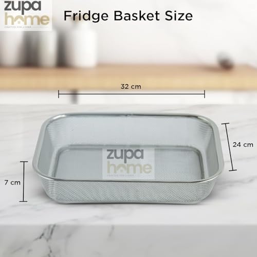 Image of Zupa Rust-Proof Stainless Steel Rectangular Strainer & Storage Basket | Multipurpose Fruit, Vegetable & Fridge Organizer (Silver) | 32 X 24 X 7 CM