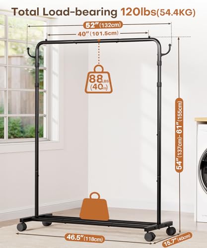 Homde Heavy Duty Clothes Rack: 120lb Standing Garment Storage for Indoor - Rolling Hanging Rod for Bedroom Laundry Room - Coat Dress Organizer on Wheels with luggage shelf (Black, 46.5") thumbnail 3