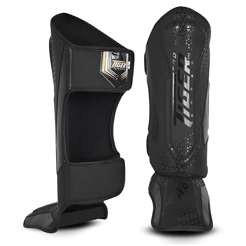Tiger Pro Shin Guards MMA, Muay Thai, Kickboxing, Leg Instep Protection Pads, Kicking, Sparring, Training Gear, Karate, Boxing, Taekwondo - Unisex - Black and White Colors (Matte Black, Medium)