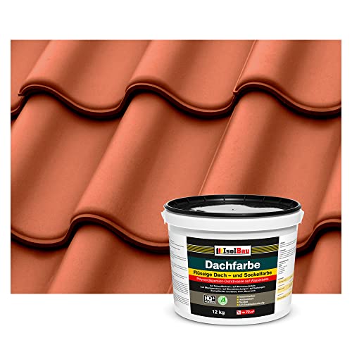 Isolbau Dachfarbe - 12 kg RAL Farbe Fassadenfarbe Nano Dachlack Sockelfarbe auf Wasserbasis - Lösemittelfrei, Wasserdicht, UV-beständig - Ziegelrot