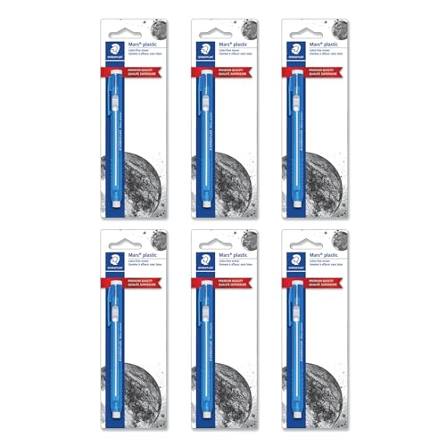 Image of STAEDTLER 6-Pack Mars Plastic Eraser Pen with Refillable Holder, German-Made Eraser for Pencils, Smudge-Free & Tear-Free Precision, Retractable Design with Clip, Blue, 6 Count