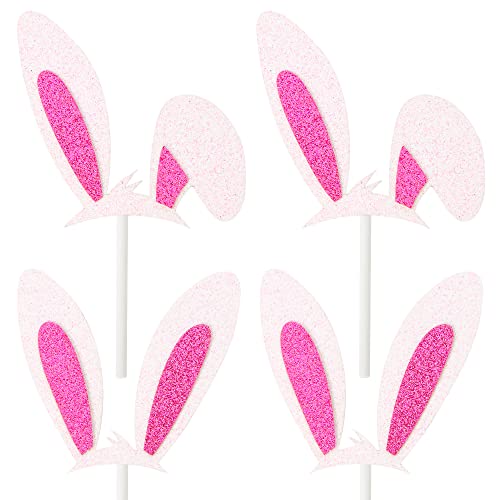 24 Pcs Happy Easter Party Decorations Pink Glitter Bunny Ears Cupcake Topper Easter Rabbit Cupcake Toppers Easter Spring Theme Birthday Party Supplies #TOP4