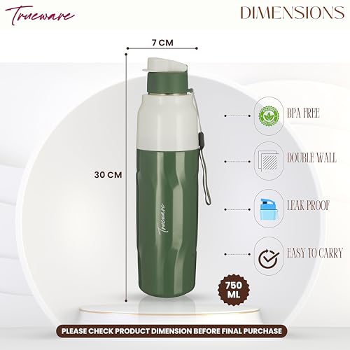 Image of Trueware Aqua Blink Double Wall Inner Steel Outer Plastic 750 ML Hot and Cold Water Bottle | BPA Free | Food Grade| Leak Proof | School, Gym,Sports,Office, Travler Bottle