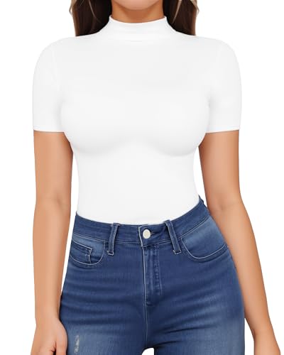 HERLOLLYCHIPS Mock Neck Tops for Women Basic Short Sleeve Tight S...