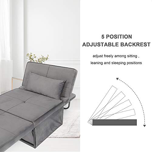 windaze Folding Ottoman Sofa Bed, 4 in 1 Multi-Function Chaise Lounge Morden Velvet with 5 Position Adjustable Backrest Convertible Guest Fold Out Bed, Dark Grey