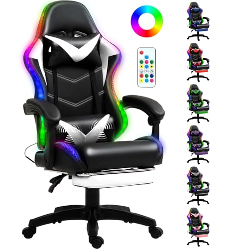 Czlolo Gaming Chair, Racing Style RGB LED Lights Gaming Chairs for Adults and Kids, Lumbar Massager Gamer Chair, High Back Reclining Computer Chair with Footrest and Headrest (Black/White)