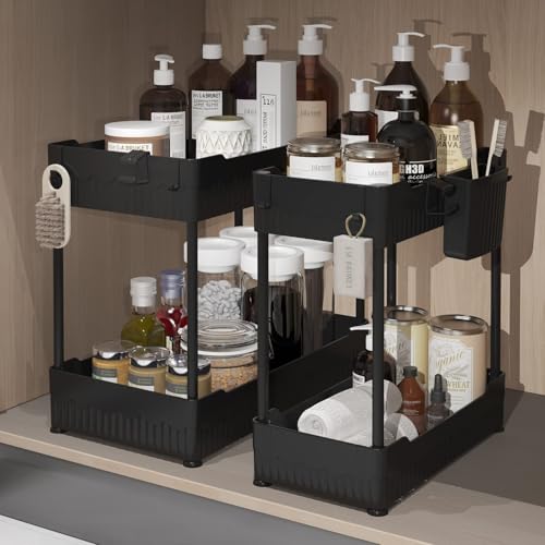 2 Pack Under Sink Organizer, Under Bathroom Cabinet Organizer with Hooks Hanging Cup, Multi-Purpose Storage Shelf for Kitchen Bathroom, Black