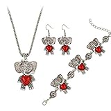 Juego de tres piezas con forma de elefante vintage tallado, joyería bohemia para mujer, collar, pendientes, pulsera, color rojo, duradero, cómodo y atractivo