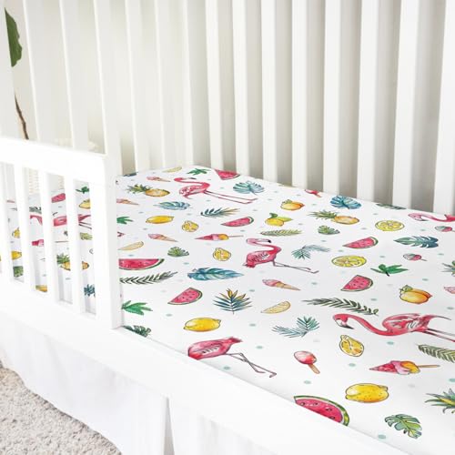 Image of Watercolor Summer Flamingo Baby Crib Sheets 52''x28'' Lemon Pineapple Watermelon Tropical Leaves Snug Fitted Crib Mattress Sheet for Boy Girl Soft Nursery Bed Sheets for Standard Crib Toddler Mattress