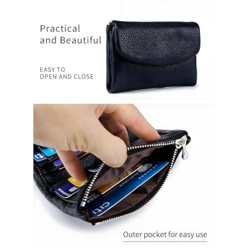 Unisex Leather Wallet, Full Grain Leather Coin Purse with Credit Card Holder, Coin Holder & Cash Slots, Short Genuine Leather Purse (Dark Blue)3