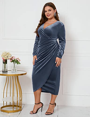 Image of ZOMVA Plus Size Velvet Wrap Dress Ruched Bodycon Dress Long Sleeves Ruffle Long Elegant Party Wedding Guest Cocktail Holiday