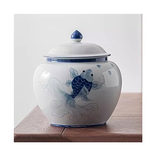 Boîte à thé Koi peinte à la main grand pot en céramique bleu