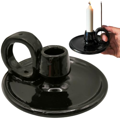 Portavelas de Cerámica con Quemador de Incienso| 100% Artesanal | Candelabros para Velas Hecho a Mano, con Soporte Varilla de Incienso, Portavelas Decoración (Negro)
