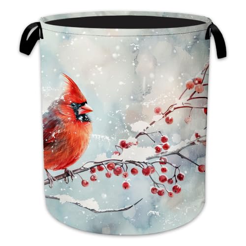 Image of Cardinal Bird Laundry Basket Oxford Cloth Winter Berry Laundry Hamper With Handle Foldable Portable Clothes Storage Basket Storage Bag For Laundry Room /Bathroom /Bedroom /Dormitory 20.8 inchx16 inch