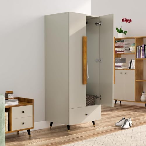Image of Bniture Wooden Almirah for Clothes, Door for Bedroom, 2 Door Wardrobe with Drawer & Hanging Space (45D x 60W x 150H CM) | 3 Year Warranty (Frosty White)