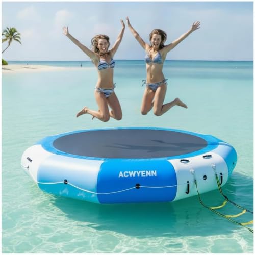 ACWYENN 10/12/15FT Inflatable Water Trampoline for Lake Floating Water Trampoline with Rope Ladder and Mooring Ropes Without Pump Blue (10FT Blue-White)