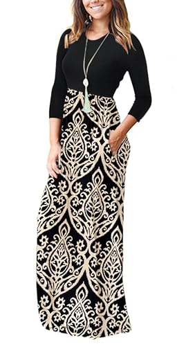 Image of WNEEDU Women's 3 /4 Sleeve Casual Loose Long Maxi Dresses with Pocket