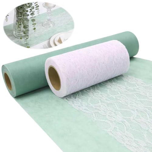Vlies Tischläufer Tischband Eukalyptus Grün 30 cm x 15 m & Tischläufer Spitze Weiß 15cm x 12m Tischdeko Set für Tischdeko Partydeko bei Geburtstag Hochzeit Festen