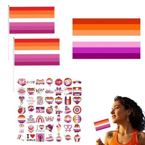 Set di adesivi e bandiere lesbiche - Bandiere arcobaleno per feste, supporto per la comunità LGBTQ+ - Adesivi e bandiere di alta qualità, 50 adesivi e 3 bandiere - Feste e decorazioni