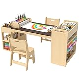 RUPOLX 56″Lx25″W Kids Art & Craft Table and 2 Chairs Set, Portable Supply Organizer and Paper...