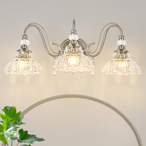 Image of Brushed Nickel Bathroom Vanity Light, 3-Light Nickel Finish Wall Sconce with Hanging Crystal Accents and Flower-Shaped Clear Glass Shades, Modern Wall Mount Vanity Light Over Mirror for Bathroom