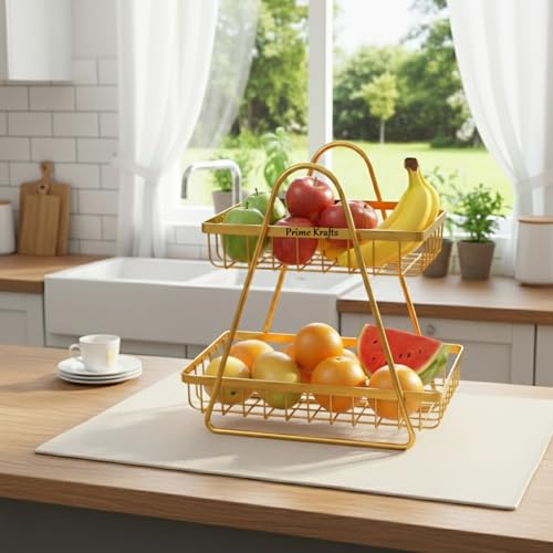 Image of 2 Tier Metal Fruit and Vegetables Basket with Handle|Fruit Vegetables Snacks and Bread Organizer for Kitchen, Dining Table, Livingroom|Bathroom Countertop Basket Stand - Gold