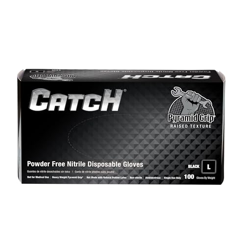 Proworks CATCH GL-NT107BKFL 9 mil Powder-Free Nitrile Gloves, Raised Pyramid Grip, Black, Large, Box of 100