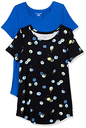 Amazon Essentials Tunica con Scollo Rotondo a Maniche Corte Donna, Pacco da 2, Bluette/Nero Floreale, XS