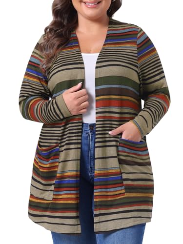 Image of Agnes Orinda Plus Size Cardigan for Women Open Front Long Sleeve Contrast Color Stripe with Pocket Cardigans